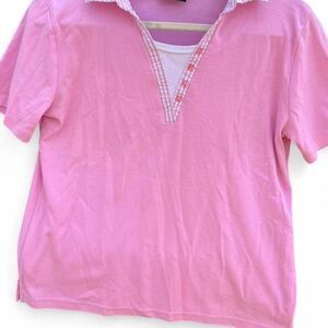 Vintage 80s Southern Lady Pink Polo with Gingham Trim - Size Small